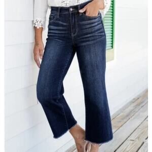 Judy Blue Wide Leg Crop Jeans Women’s 9/29 Dark Wash Raw Hem High Rise Denim
